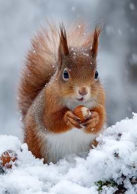 Squirrel with Nut in Winter Snow