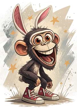 Cartoon Monkey with Bunny Ears and Sneakers