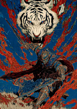Warrior, Tiger, and Abstract Background