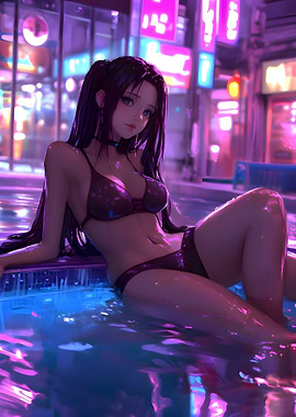Anime Girl in Neon Pool