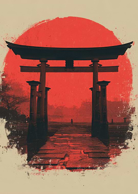 Japanese Torii Gate with Red Sun