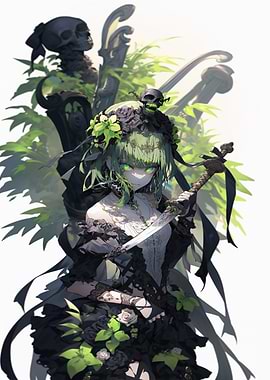 Green-haired girl with sword and skulls
