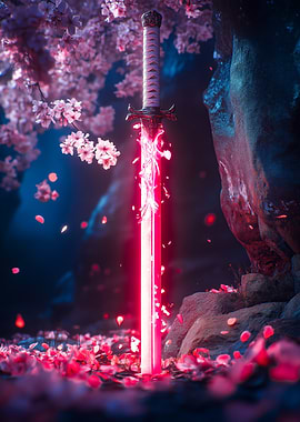 Glowing Katana Under Cherry Blossom Tree