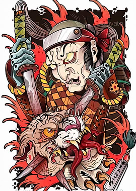 Samurai and Tiger Tattoo Design