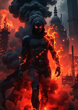 Hooded Figure Burning Cityscape