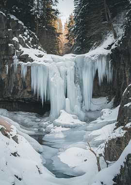 Frozen Waterfall in Winter Landscape