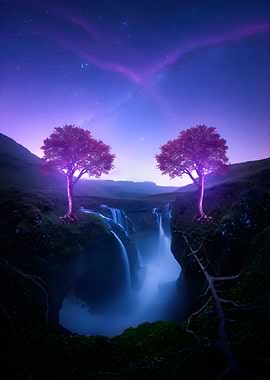 Purple Aurora Waterfall Landscape