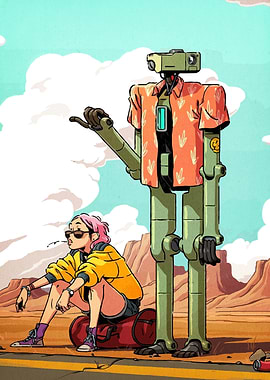 Robot and Girl Hitchhiking