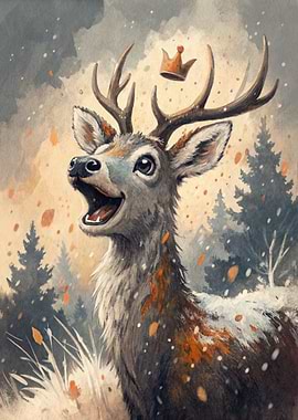 Happy Deer with Crown in Winter