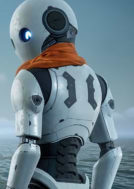 Futuristic Robot with Orange Scarf the last caretaker