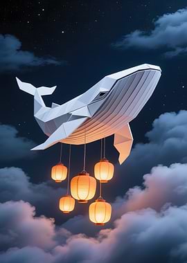 Origami Whale with Lanterns in Night Sky