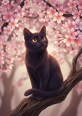 Black cat under cherry blossoms