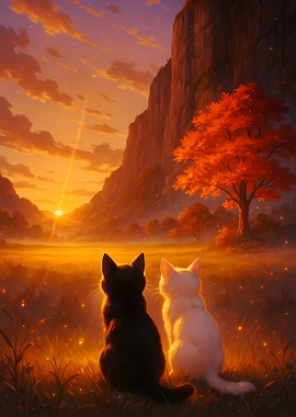 Cats watching sunset landscape