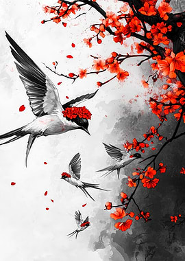 Birds and Blossoms in Flight