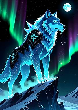 Mystical Ice Wolf Under Aurora