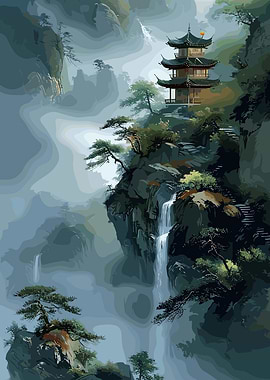 Asian Pagoda in Mountain Landscape
