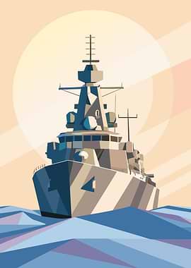 Pixelated Military Ship on the Water