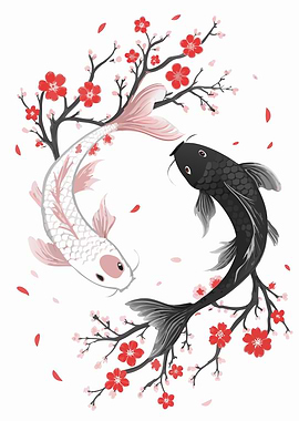 Yin Yang Koi Fish with Cherry Blossoms