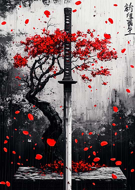 Katana and Cherry Blossoms Art