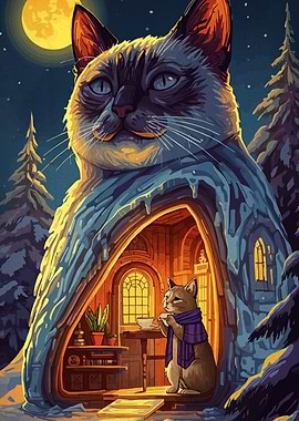 Cat House in Winter Night