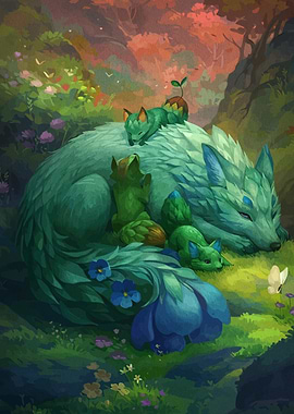 Sleeping Wolf Cubs Forest