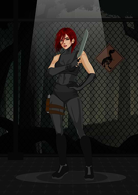 Red-haired woman with machete in alley