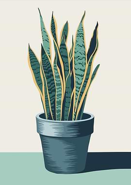 Potted Snake Plant Botanical Illustration