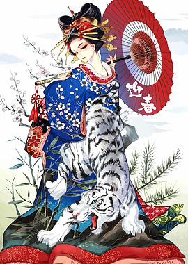 Geisha with White Tiger and Umbrella