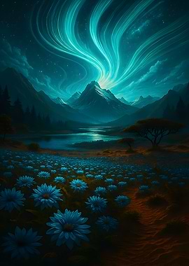 Blue Flowers Under Aurora Borealis