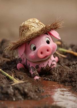 Cute Piglet in Mud with Straw Hat