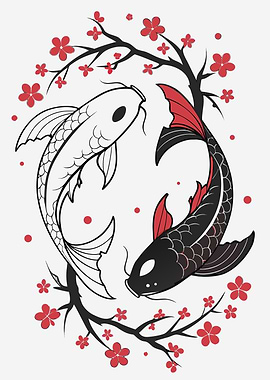 Yin Yang Koi Fish with Cherry Blossoms