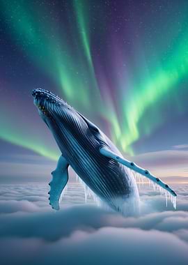 Whale breaching clouds under aurora borealis