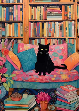 Black Cat on Colorful Couch