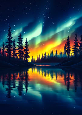 Aurora Borealis over Forest Lake
