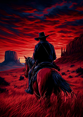 Cowboy on Horseback in Red Landscape