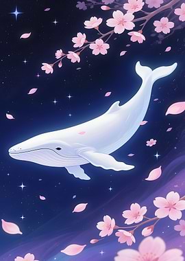 Whale in Space with Cherry Blossoms