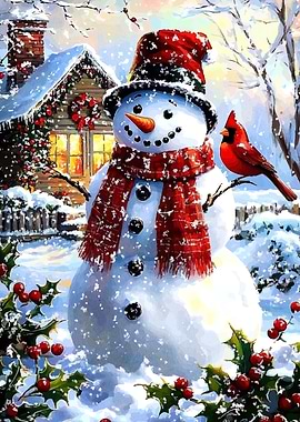 Snowman and Cardinal Winter Scene Painting