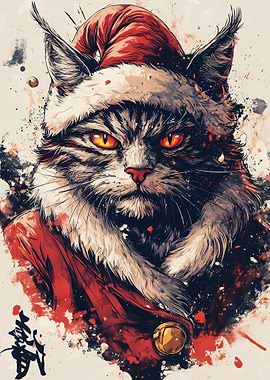 Christmas Mysterious Cat Portrait with Santa Hat