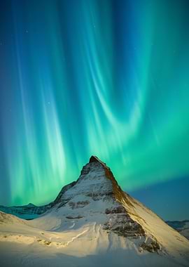 Aurora Borealis over Snowy Mountain Peak