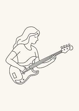 Woman playing bass guitar line art