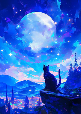 Cat gazing at the moonlit city