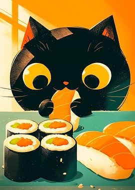 Cartoon Cat Eating Sushi