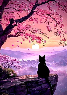 Black Cat Under Cherry Blossom Tree