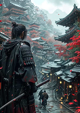 Samurai in Snowy Japanese Village