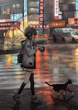 Rainy Cityscape with Anime Girl and Cat