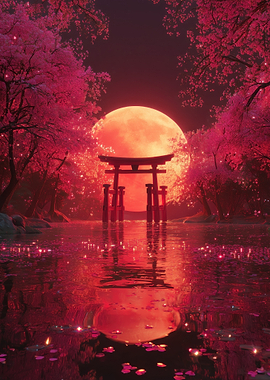 Red Moon Torii Gate Reflection