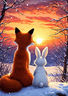 Fox and Rabbit Winter Sunset