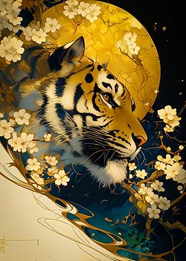 Tiger with Cherry Blossoms and Moon