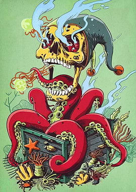 Jester Skull Octopus Treasure Chest Illustration