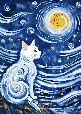 Starry Night Cat Art